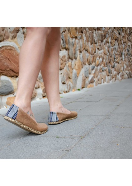 Yadigar - Kahverengi / Kutnu Kumaşlı, El Yapımı, Deri Barefoot Ayakkabı - Yemeni
