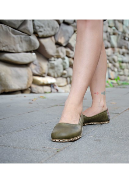 Yadigar - Yeşil / Kutnu Kumaşlı, El Yapımı, Deri Barefoot Ayakkabı - Yemeni