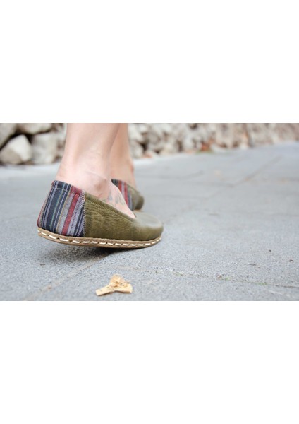 Yadigar - Yeşil / Kutnu Kumaşlı, El Yapımı, Deri Barefoot Ayakkabı - Yemeni