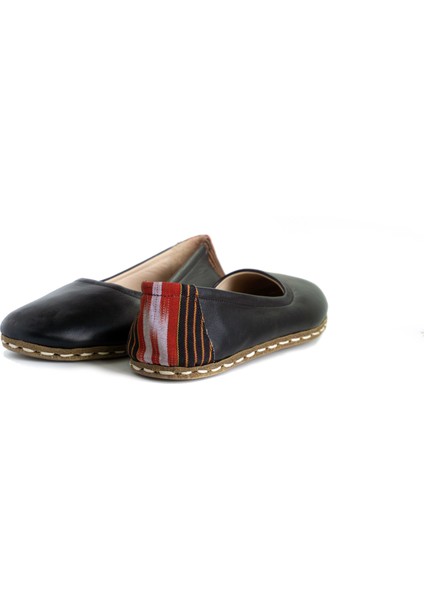 Yadigar - Siyah / Kutnu Kumaşlı, El Yapımı, Deri Barefoot Ayakkabı - Yemeni