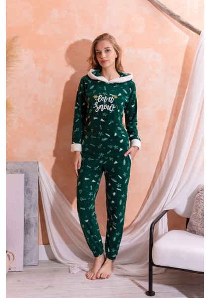 Kapüşonlu Kışlık Kadın Peluş Polar Pijama Takımı - Yeni Yıl Pijaması