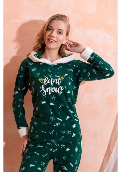 Kapüşonlu Kışlık Kadın Peluş Polar Pijama Takımı - Yeni Yıl Pijaması fiyatları