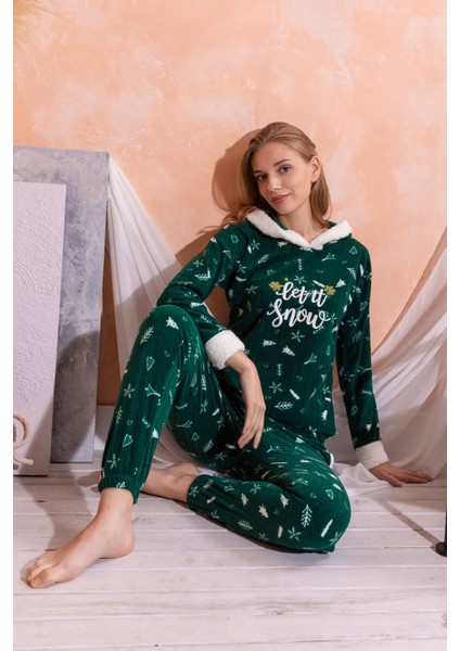 Kapüşonlu Kışlık Kadın Peluş Polar Pijama Takımı - Yeni Yıl Pijaması fırsatları