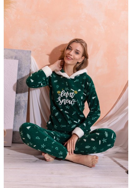 Kapüşonlu Kışlık Kadın Peluş Polar Pijama Takımı - Yeni Yıl Pijaması indirimleri