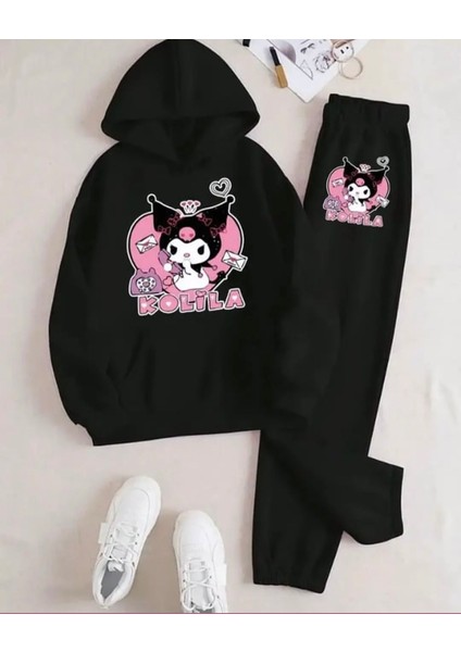 Özel Tasarım Kapüşonlu Kuromi Kolila Baskılı Şardonlu Kışlık Kız Çocuk Eşofman Takımı