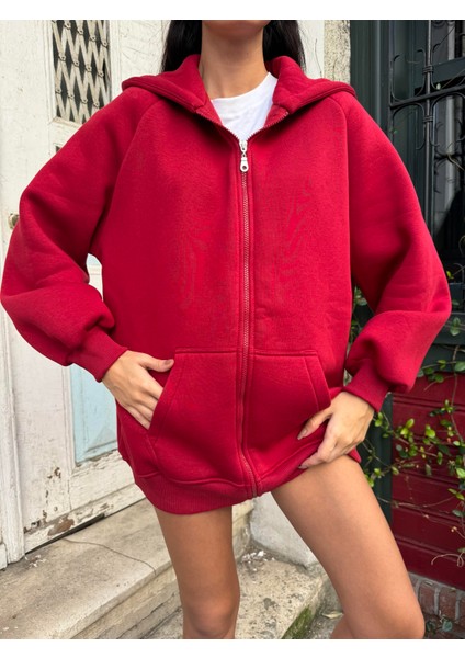 Bordo Fermuarlı Kapüşonlu Unisex Şardonlu Oversize Sweatshirt 28217