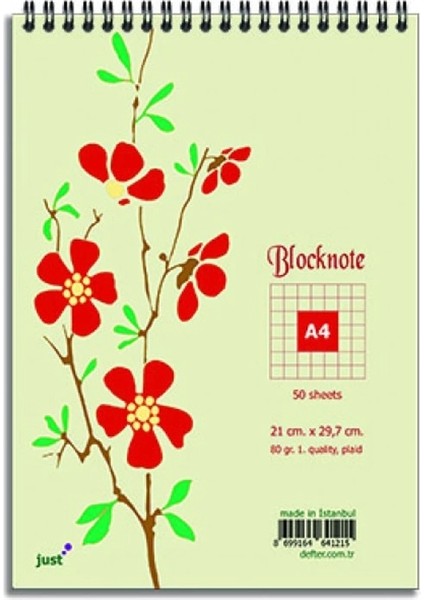 21X29.7CM Üstten Spiralli A4 Bloknot 80GR.50 Sayfa Kareli