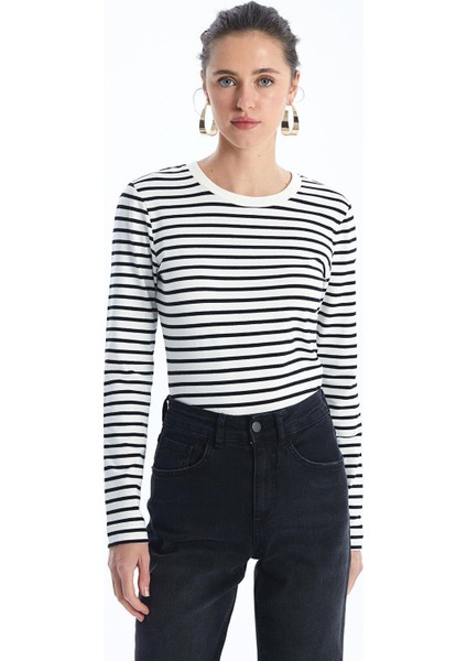 Lcw Vision Çizgili Bisiklet Yaka Çizgili Uzun Kollu Kadın Body