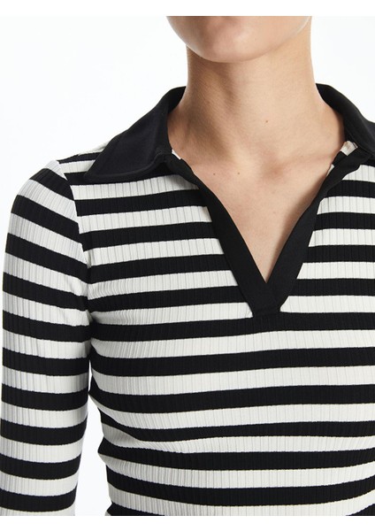 Lcw Vision Çizgili Polo Yaka Çizgili Uzun Kollu Kadın Tişört modelleri