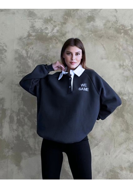 Lacivert Oversize Sweatshirt Beyaz Gömlek Yakalı Düğmeli Nakış Işlemeli