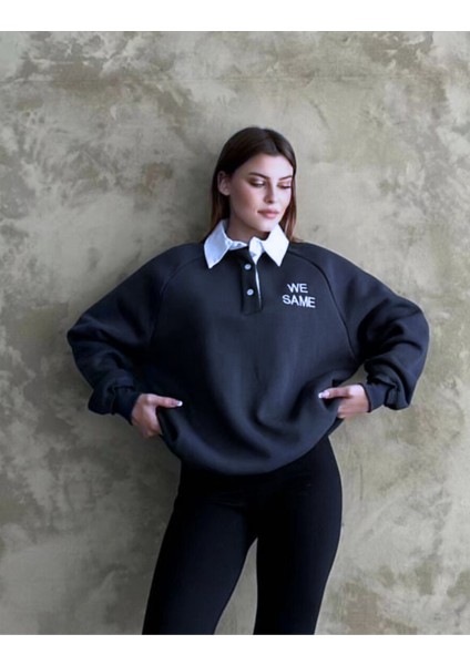 Lacivert Oversize Sweatshirt Beyaz Gömlek Yakalı Düğmeli Nakış Işlemeli