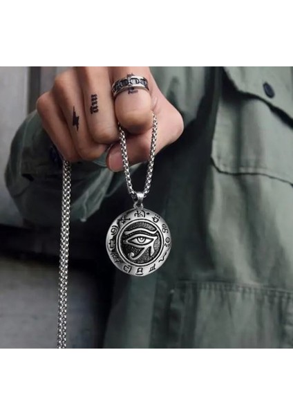 Paslanmaz Çelik Antik Mısır Horus Göz Ra Kolye /70 cm Zincirli