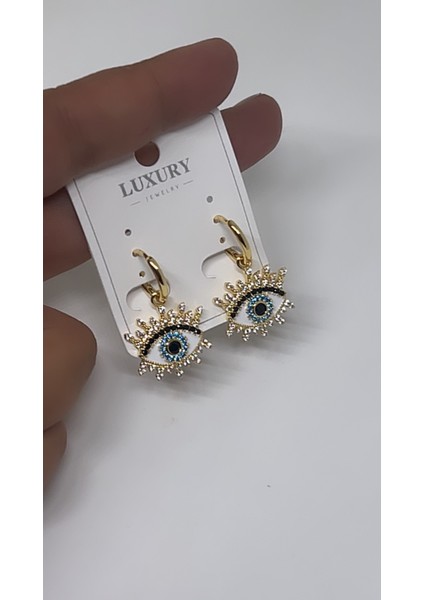 Luxury Zirkon Taşlı Kirpikli Nazar Göz Model Gold Çelik Küpe