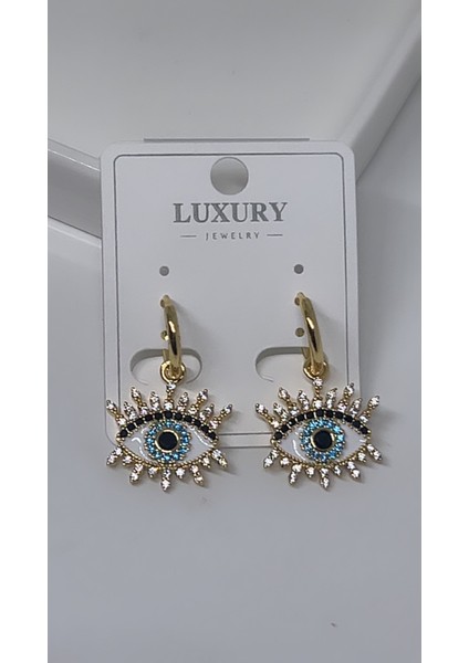 Luxury Zirkon Taşlı Kirpikli Nazar Göz Model Gold Çelik Küpe fiyatları