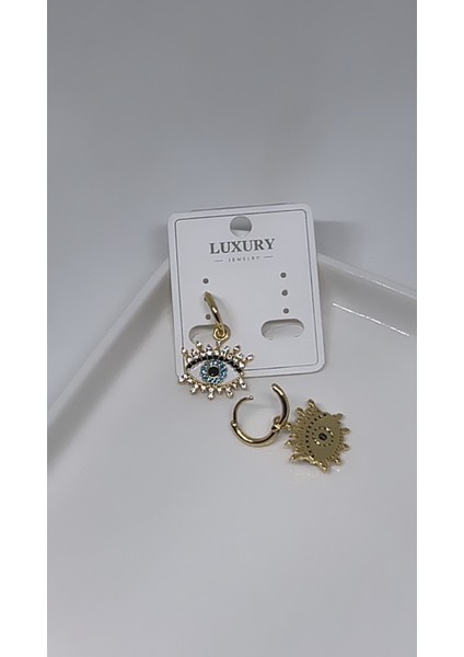 Luxury Zirkon Taşlı Kirpikli Nazar Göz Model Gold Çelik Küpe modelleri