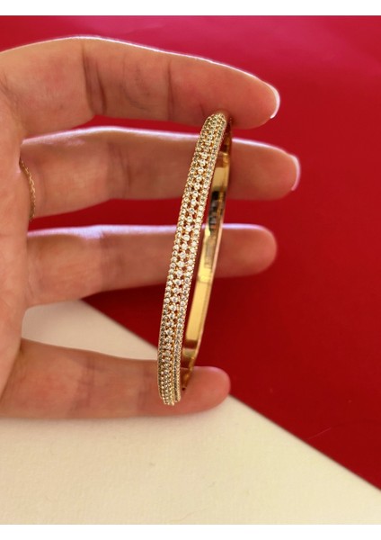 Rose Renk Çelik Üstü Mini Üç Sıra Zirkon Taş Işlemeli Kelepçe Bileklik fiyatları