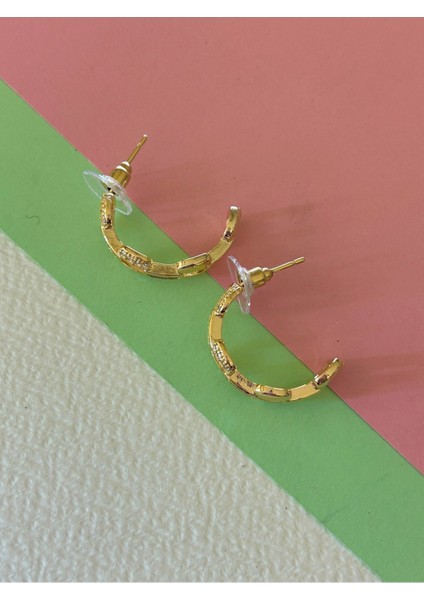 Gold Renk Çelik Baget Zirkon Taş Bağlantılı Yarım Halka Halat Küpe