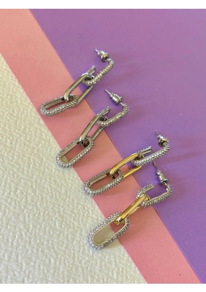 Silver Renk Çelik Zirkon Taşlı Ataç Model Sallantılı Küpe