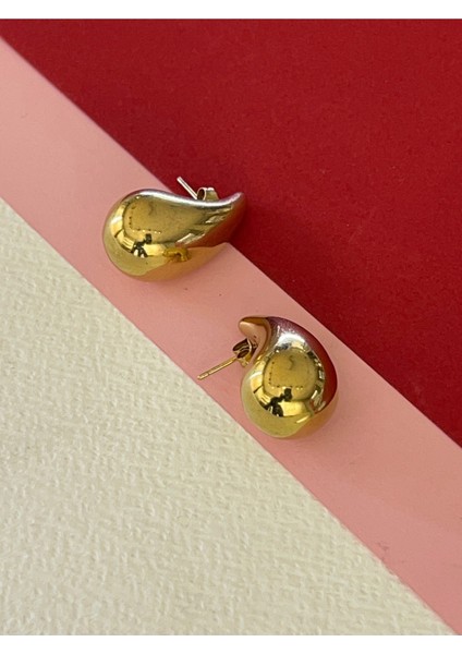 Gold Renk Çelik Parlak Balon İthal Marka Trend Model Orta Virgül Küpe