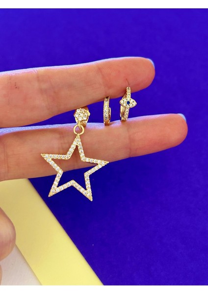 Gold Renk Çelik Zirkon Taşlı Büyük Yıldız Detaylı Üçlü Küpe fiyatları