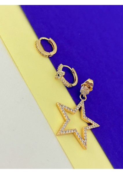 Gold Renk Çelik Zirkon Taşlı Büyük Yıldız Detaylı Üçlü Küpe indirimleri