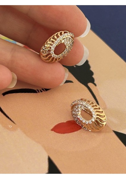 Rose Renk Çelik Zirkon Taş İşlemeli Mini İçi Boş Kafes Küpe