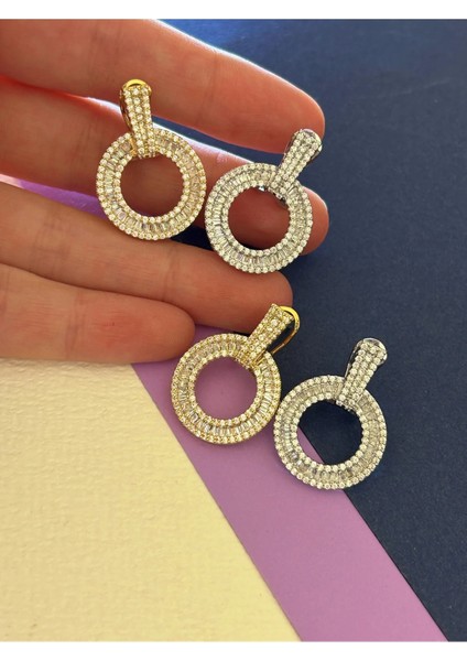 Silver Renk Çelik Halkası Baget Zirkon Taşlı Ataç Kapamalı Küpe