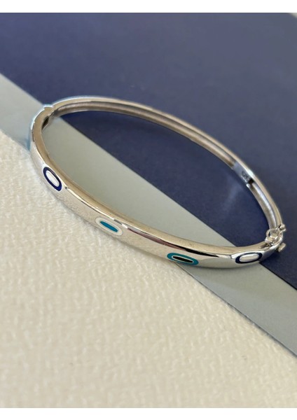 12,38 gr Silver Renk Mavi Mineli Oval Nazar Boncuğu 925 Gümüş Kelepçe