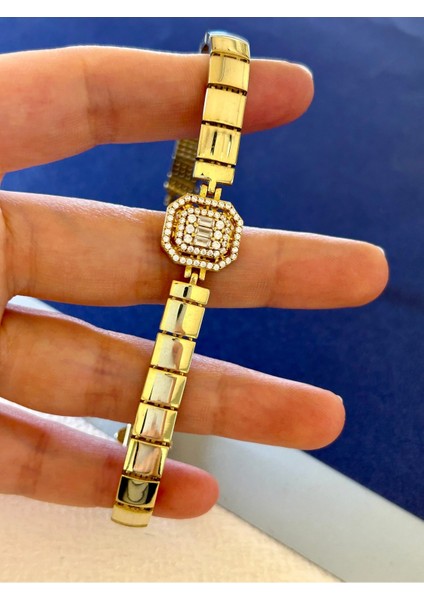 15,05 gr Gold Renk Kare Plaka Kordonlu Baget 925 Gümüş Bileklik fiyatları
