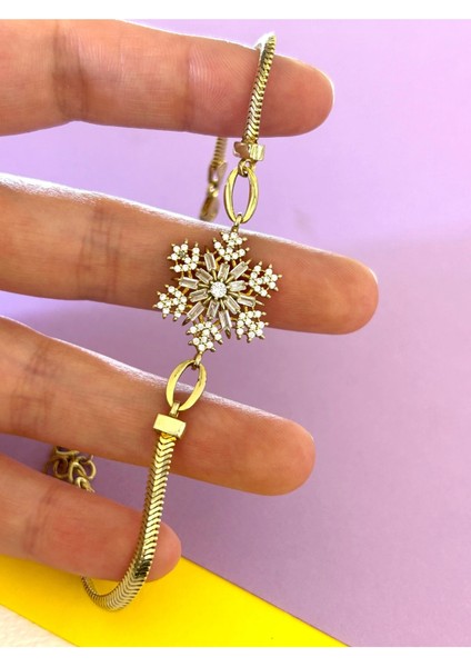 6,14 gr Gold Renk Kristal Kar Tanesi Zirkon Taşlı 925 Gümüş Bileklik fiyatları