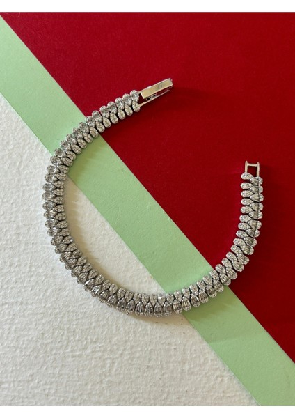 16,72 gr Silver Renk Baget ve Damla Zirkon Taşlı 925 Gümüş Bileklik