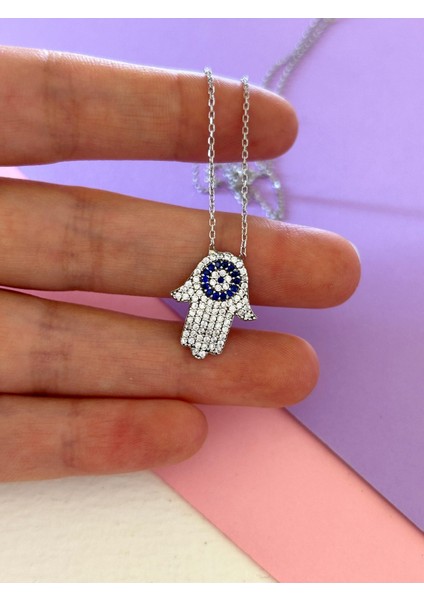 Silver Renk Nazar Boncuklu Fatma Ana Eli Zirkon Taşlı 925 Gümüş Kolye