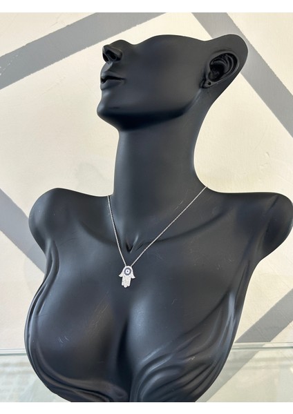 Silver Renk Nazar Boncuklu Fatma Ana Eli Zirkon Taşlı 925 Gümüş Kolye
