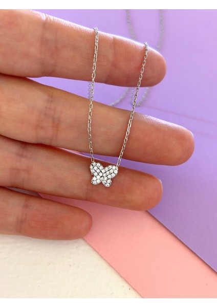 Silver Renk Minimal Kelebek Zirkon Taşlı 925 Gümüş Kolye