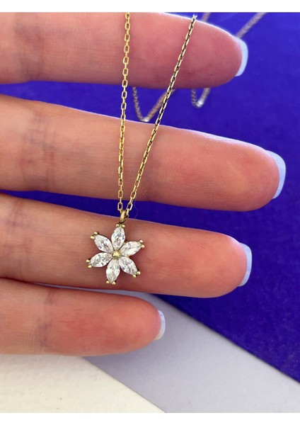 Rose Renk Minimal Lotus Çiçeği Zirkon Taşlı 925 Gümüş Kolye
