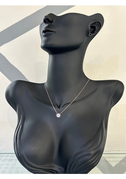Rose Renk Minimal Yuvarlak Formlu Nazar Boncuğu Zirkon Taşlı 925 Gümüş Kolye