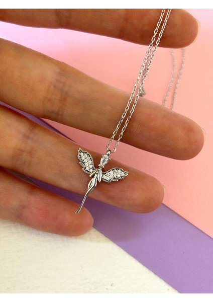 Silver Renk Melek Figürlü Zirkon Taşlı 925 Gümüş Kolye