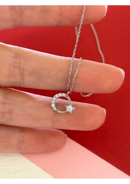 Silver Renk Minimal Ay Yıldız Zirkon Taşlı 925 Gümüş Kolye