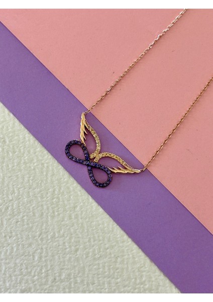 Rose Renk Kanat ve Sonsuzluk Tasarım Zirkon Taşlı 925 Gümüş Kolye