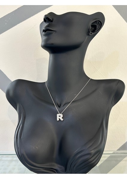 Taşlı R Harf 925 Gümüş Kolye