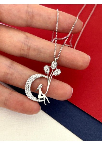 Silver Renk Zirkon Taşlı Ay ve Balonlu Kız 925 Gümüş Kolye