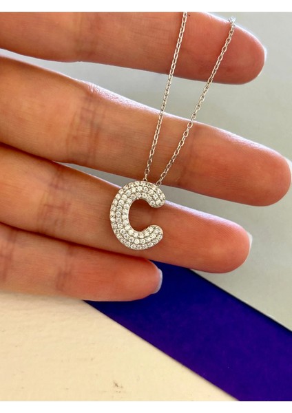 Taşlı C Harf 925 Gümüş Kolye