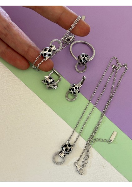 18,12 gr Silver Renk Panter Halka Detaylı Zirkon Taşlı 925 Gümüş Kolye Küpe Yüzük Bileklik Set fiyatları
