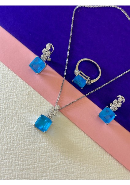 15,26 gr Silver Renk Mavi Kare Zirkon Taşlı Tasarım 925 Gümüş Kolye Küpe Yüzük Set
