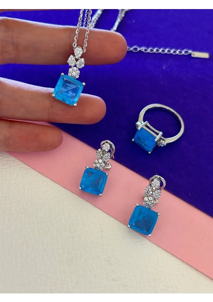 15,26 gr Silver Renk Mavi Kare Zirkon Taşlı Tasarım 925 Gümüş Kolye Küpe Yüzük Set