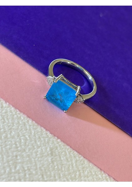 15,26 gr Silver Renk Mavi Kare Zirkon Taşlı Tasarım 925 Gümüş Kolye Küpe Yüzük Set