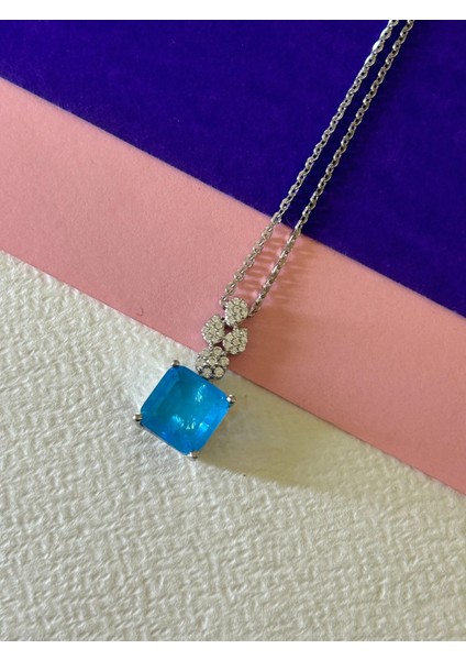 15,26 gr Silver Renk Mavi Kare Zirkon Taşlı Tasarım 925 Gümüş Kolye Küpe Yüzük Set