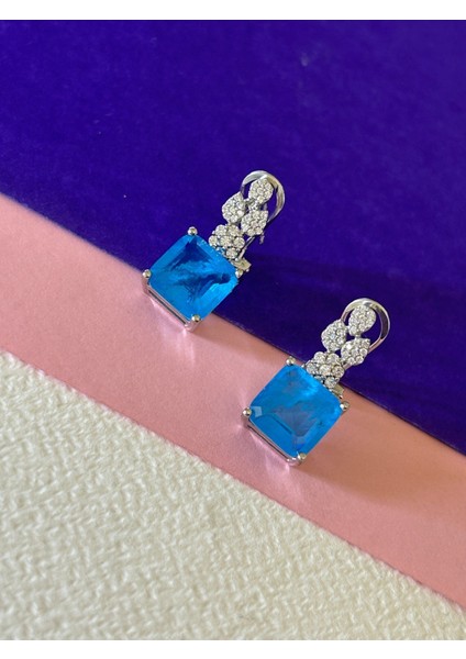 15,26 gr Silver Renk Mavi Kare Zirkon Taşlı Tasarım 925 Gümüş Kolye Küpe Yüzük Set