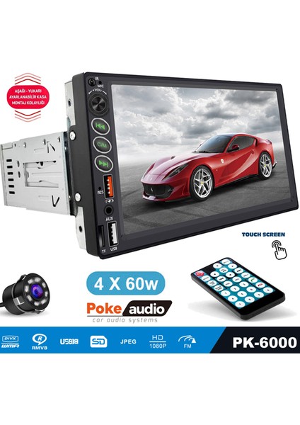 Tofaş Tek Din Teyp 7 Inch 4X60 Watt 2xusb Şarjlı Kameralı Poke PK-6000