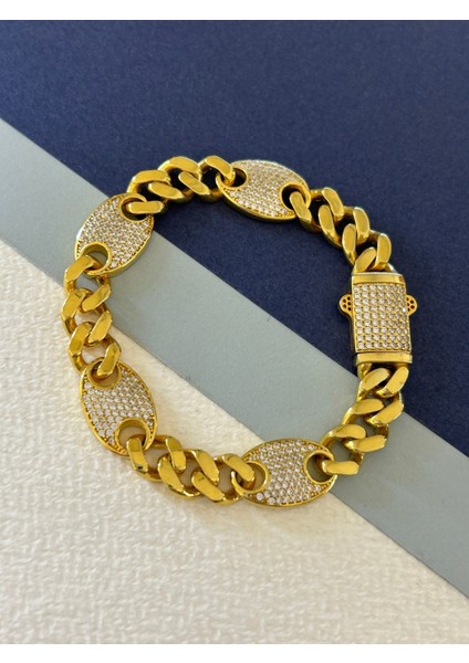 22,99 gr Gold Renk Zirkon Taşlı Oval Bağlantılı Gurmet 925 Gümüş Bileklik